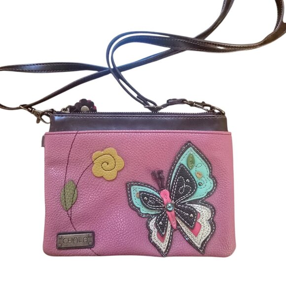 CHALA Butterfly Pink Crossbody Purse Faux Leather Flower Charm - Picture 1 of 5